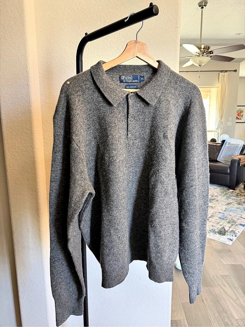 Polo Ralph Lauren Lambswool Long Sleeve Polo Sweater Men's XL Gray FLAW